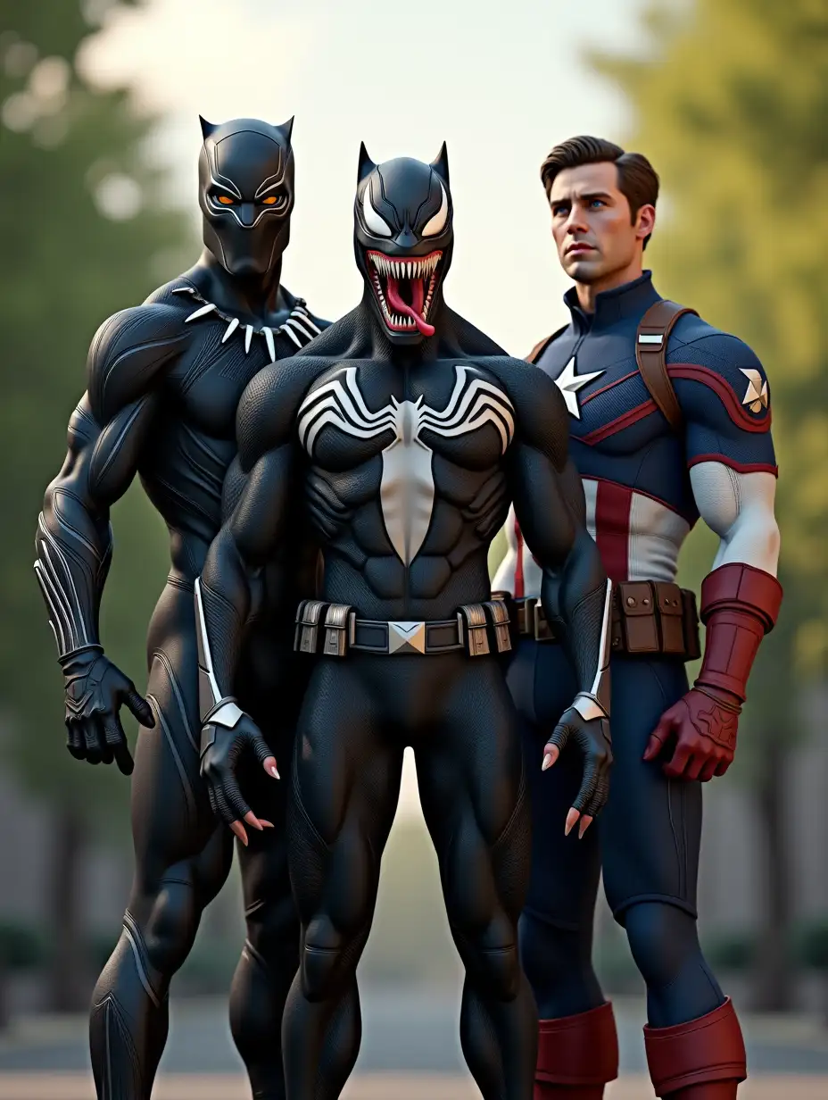 A highly detailed, ultra-realistic 3D-rendered image of Black Panther, Venom, and Captain America standing together in an epic pose. Black Panther is in his sleek black vibranium suit with silver accents, his muscles well-defined, and his eyes glowing faintly. Venom appears menacing with his black symbiote body, white spider emblem, sharp claws, and a sinister grin revealing sharp teeth and a long tongue. Captain America is in his classic red, white, and blue suit, featuring a star emblem on his chest, brown utility belt, and confident posture. The background is an outdoor environment with lush greenery, soft sunlight, and cinematic lighting that casts realistic shadows. The textures on the suits are ultra-detailed, showing fabric, armor plating, and reflections. The image is 4K resolution with a dynamic composition, focusing on the powerful presence of the superheroes.