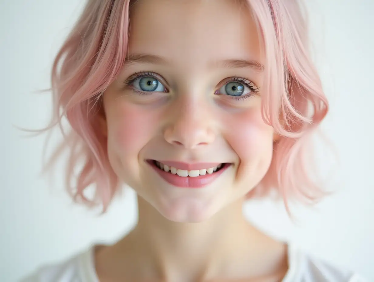 The image is a close-up portrait of a young girl face. She is cute smiles, her white teeth are visiable. The girl has a pale complexion and her eyes are a deep blue color. Her hair is light pink colored with medium short length styled down her back, creating a romantic look. The background is a soft white, making the woman's features stand out even more. The overall mood of the image is dreamlike and surreal.