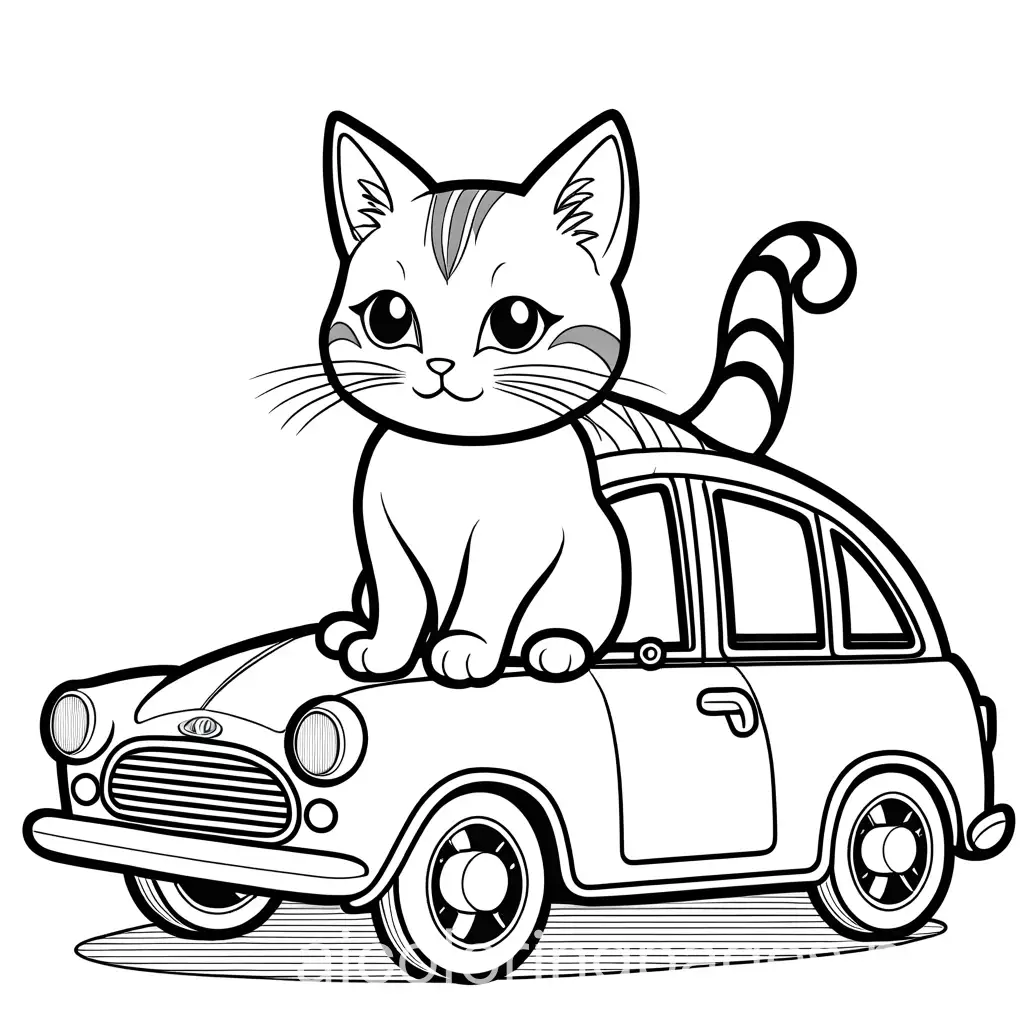 A cute cat riding a car, Coloring Page, black and white, line art, white background, Simplicity, Ample White Space. The background of the coloring page is plain white to make it easy for young children to color within the lines. The outlines of all the subjects are easy to distinguish, making it simple for kids to color without too much difficulty