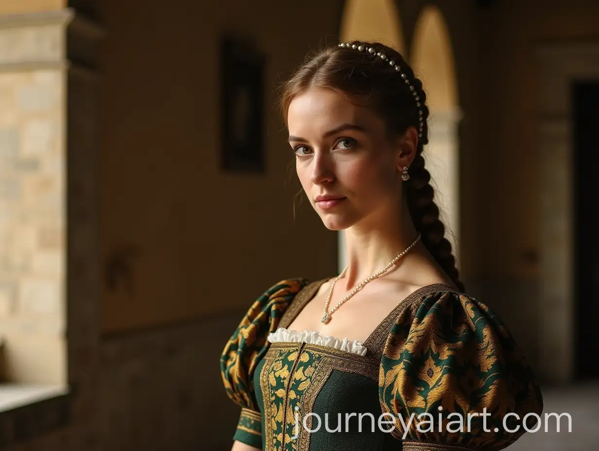 Renaissance-Woman-in-Brocade-Gown-at-Tuscan-Villa