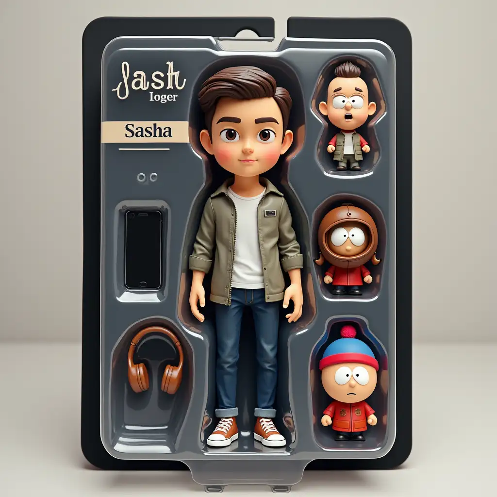 Use this photo of me to create your own action figure in a blister pack, in the style of a premium collectible toy. The figure should stand at ease. The blister pack should have a heading with the text '[Sasha]' written in large letters, and the subtitle '[LoL]' under it. Place the accessories in the compartments to the side of the picture: [phone, brown headphones, South park figurine].