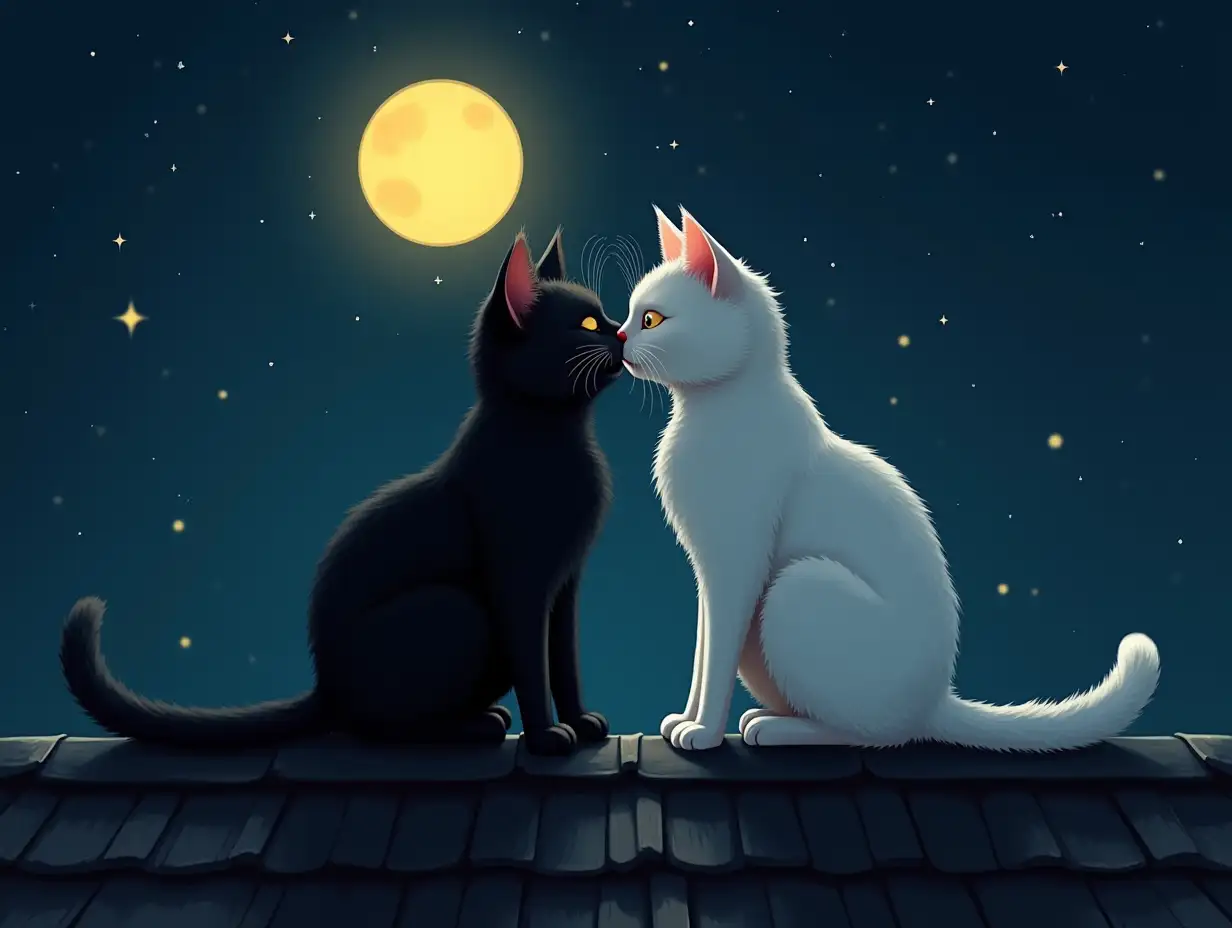 Funny black cat and white cat kissing at night on the roof under the yelow moon and stars