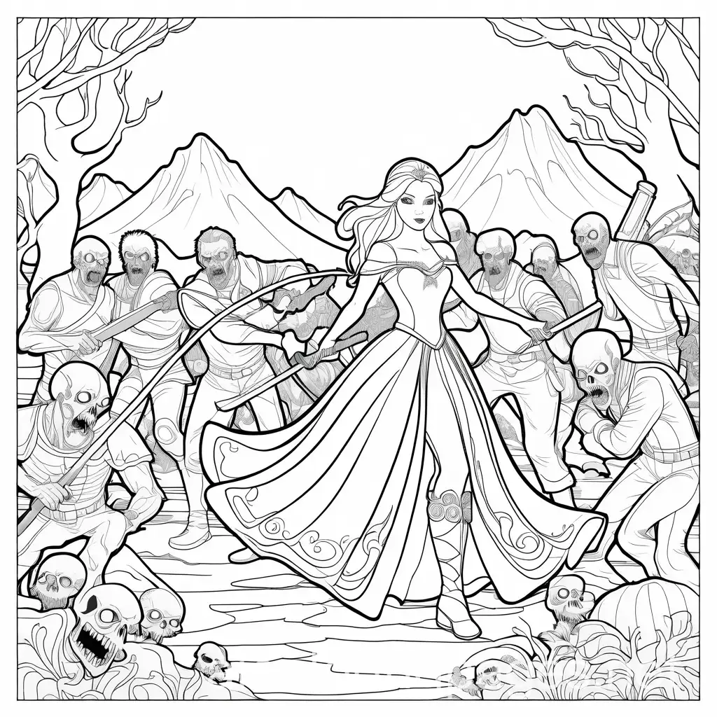 Ice-Princess-Fighting-Zombies-Coloring-Page