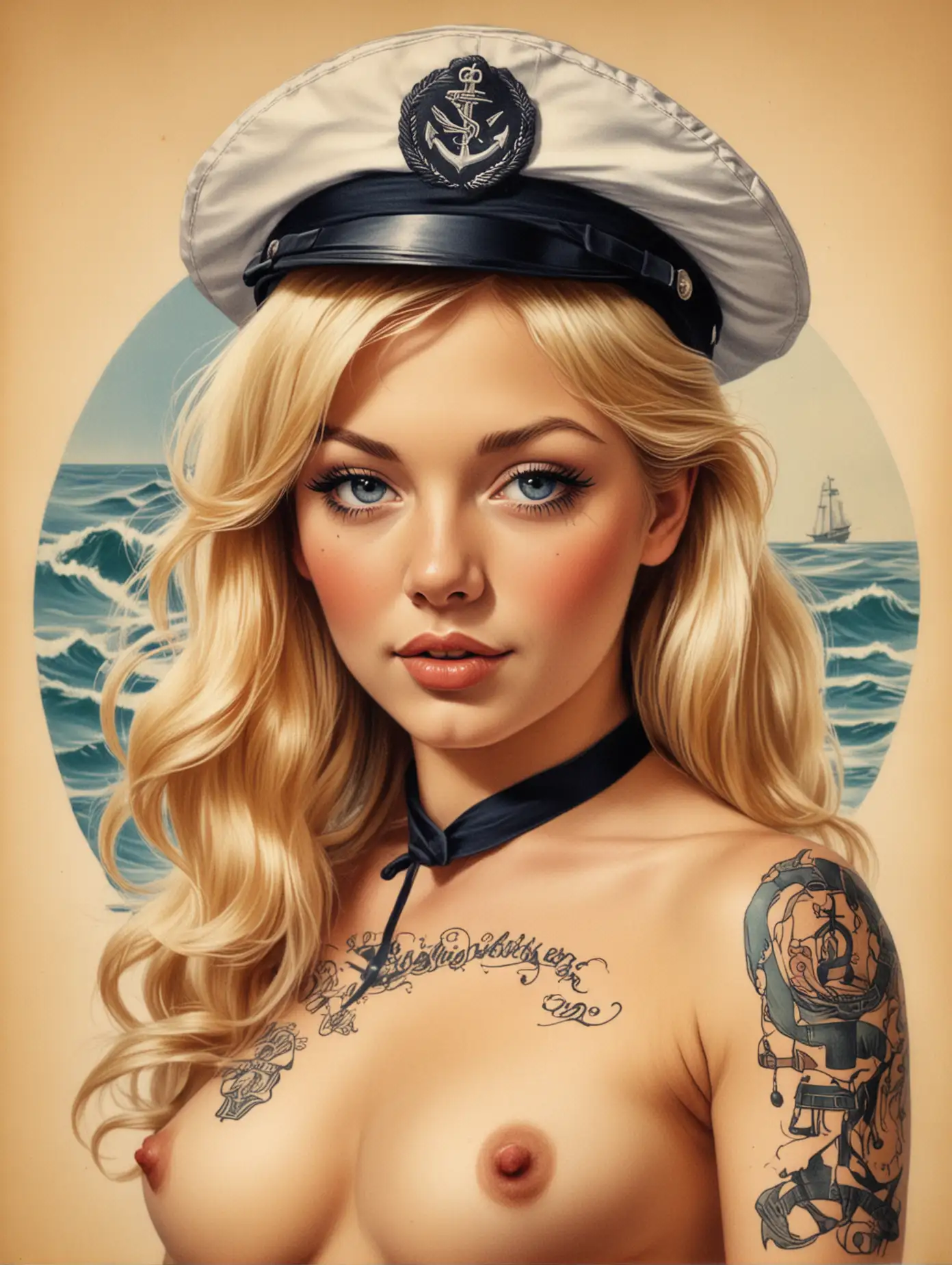 1970's Vintage tattoo art of sexy nude Blonde sailor girl.