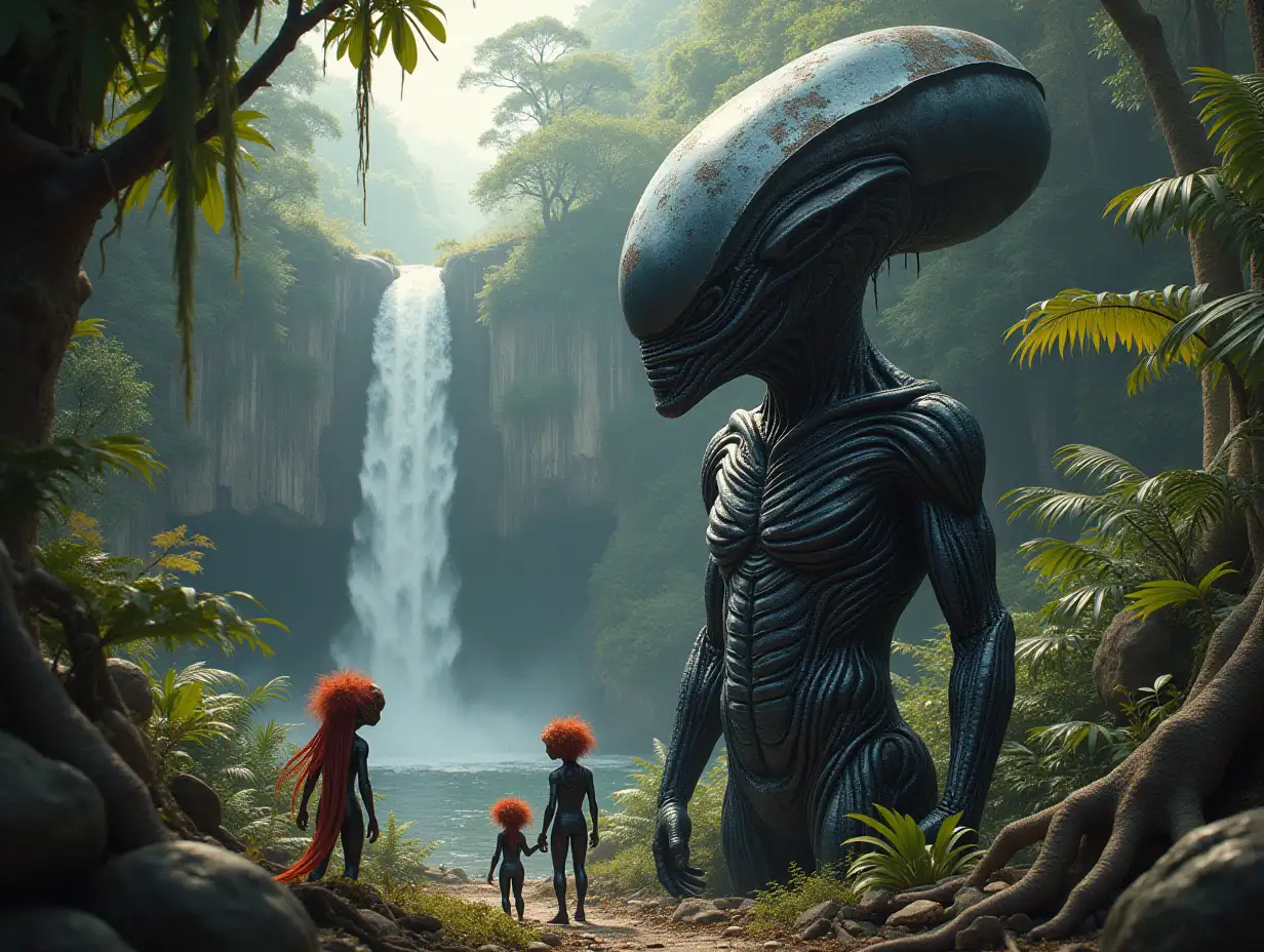 Hyperrealistic portrait of a 15 meter tall Metal Alien King with hair and various small aliens with hair, giant alien snakeIIc with detailed, colorful background including rainforest, waterfall, see plants