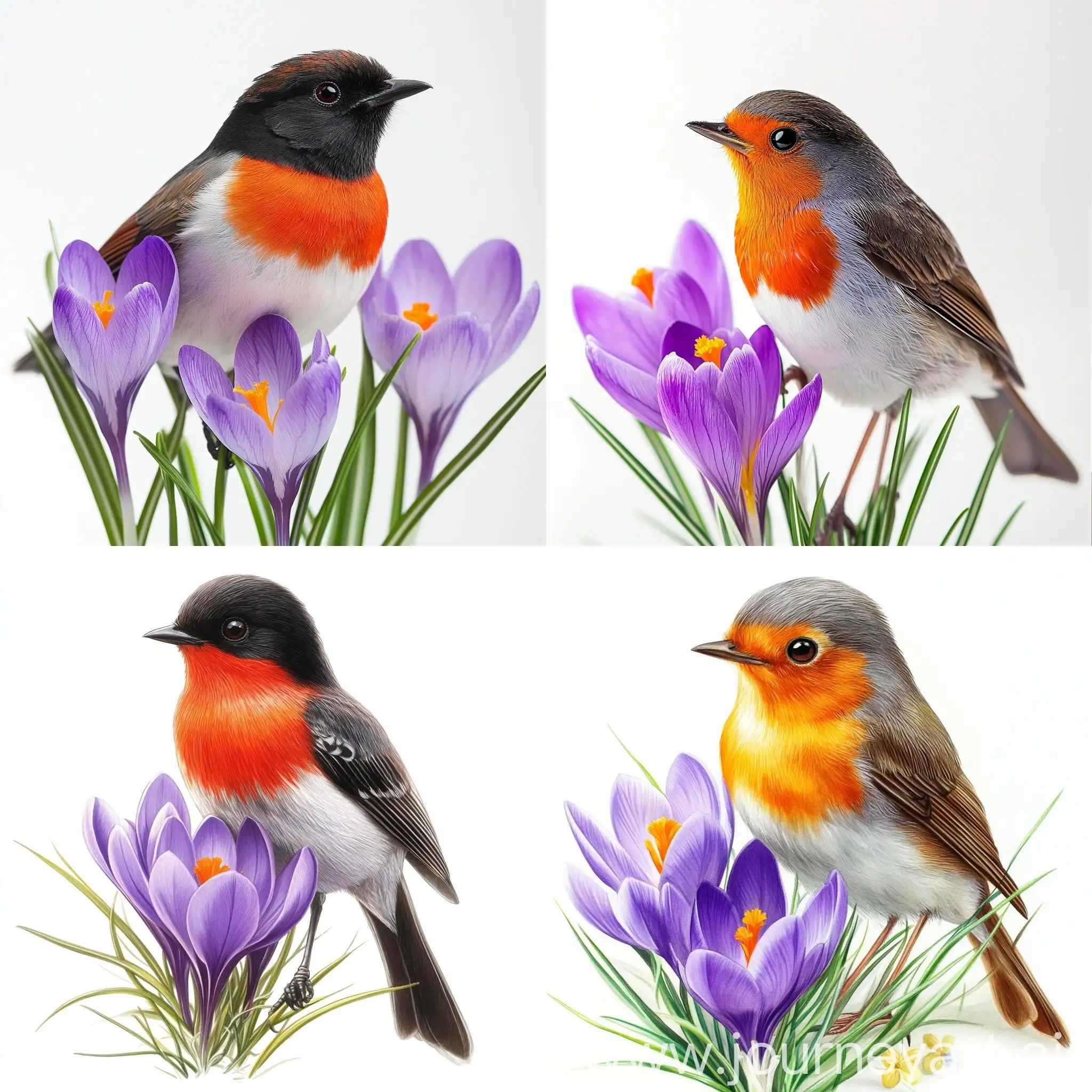 Red-Breasted-Bird-Perched-Beside-Purple-Saffron-Crocus-Flower