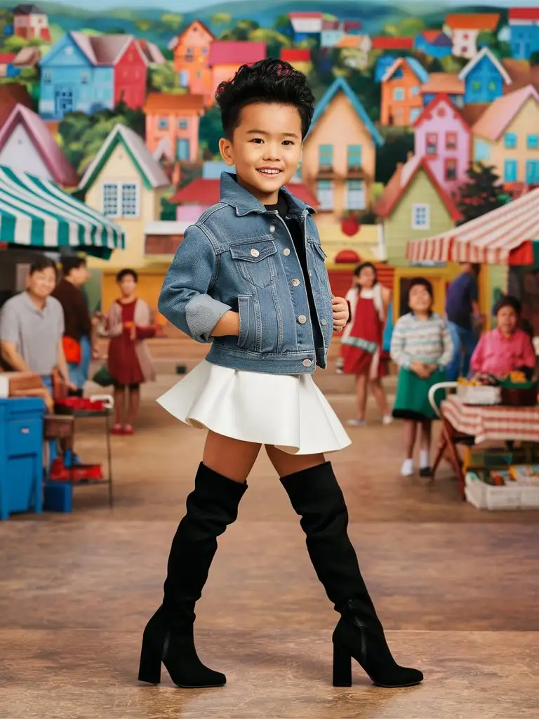 little young boy wearing denim jacket and white skirt with black block heel overknee boots and staying in town