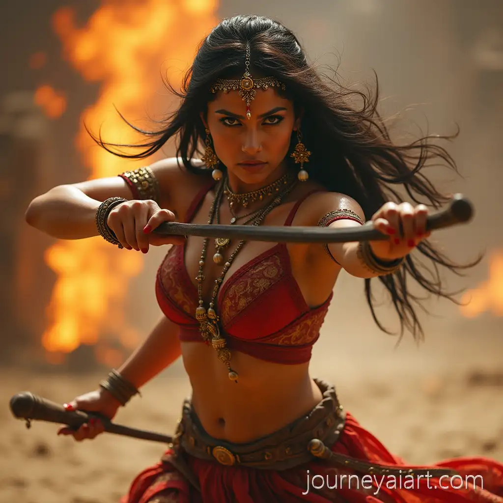 AI-Image-Prompt-ExpansionDynamic-Indian-Warrior-Woman-Performing-Action-Stunts-with-Weapons-in-Trendy-Background