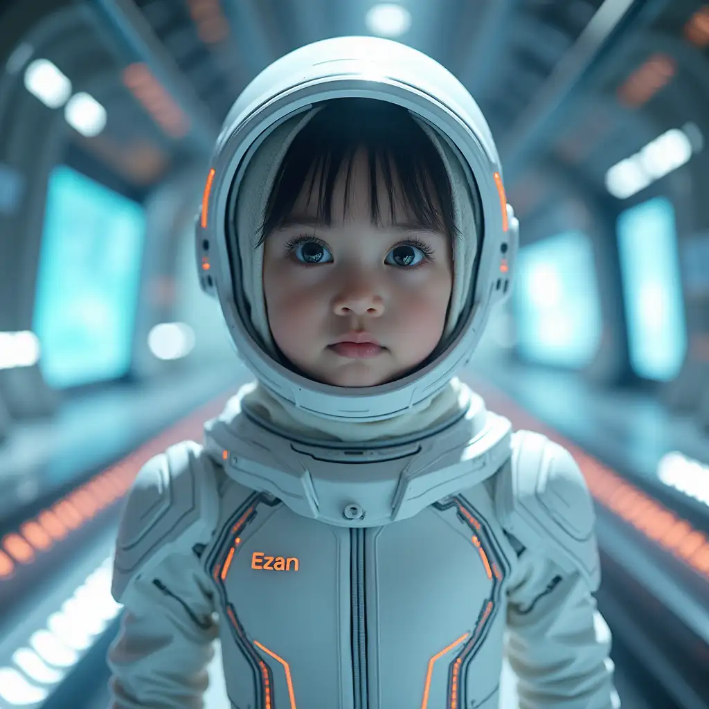 A futuristic and realistic depiction of a cute girl age 5 years indonesian girl in a high-tech sci-fi setting. She wears a striking Islamic hijab and has piercing black eyes that gaze directly at the camera. She is dressed in a sleek, futuristic astronaut outfit in white, with intricate details blending advanced technology and modern fashion and inscribed 'Ezan' on the chest. The environment around her is a high-tech space station with glowing panels, holograms, and a starry view in the background. Her posture exudes confidence and strength, while her outfit highlights elegance and modernity. The lighting enhances the scene with a soft glow and vibrant accents.