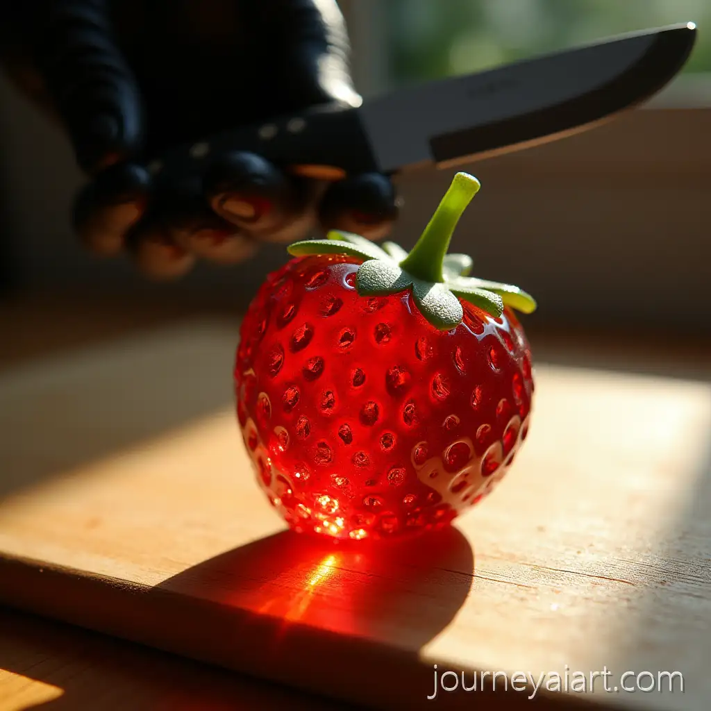 CloseUp-of-Red-Glass-Strawberry-on-Wooden-Cutting-Board-with-Black-Gloved-Hand-and-KnifeAI-Image-Expansion-SEO