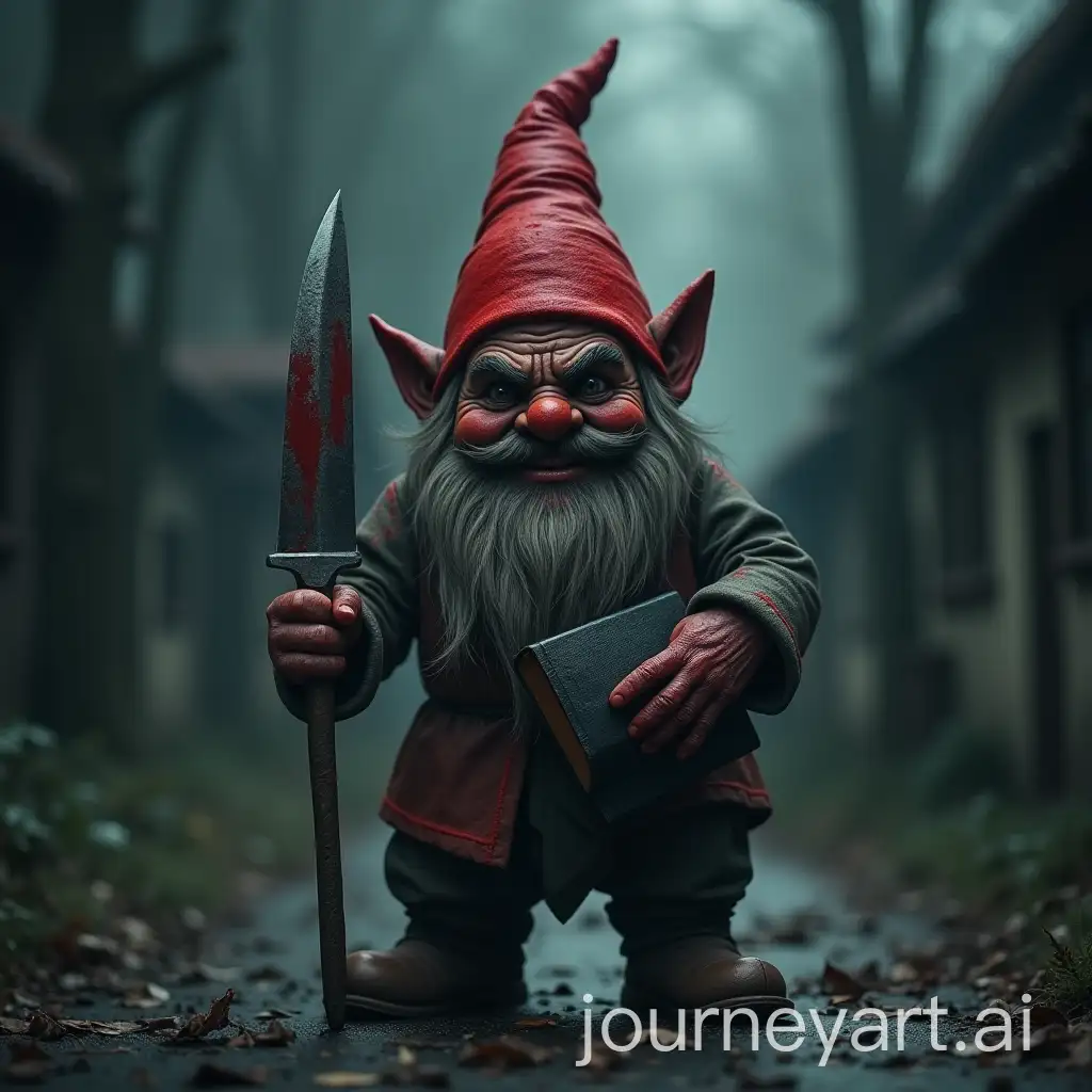 Eerie-Gnome-with-a-Knife-in-an-Abandoned-Village-at-Night