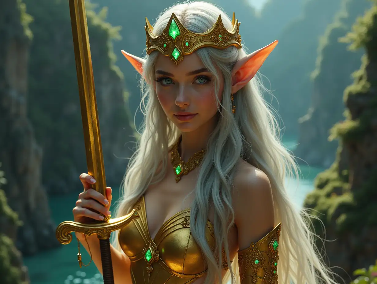 a beautiful young elf woman with long silver hair and azure eyes, she is wearing a golden crown with many glowing green magic gems, plus a sexy armor made of golden bioluminescent materials, with glowing green magic gems, golden light armor. she has a golden glowing magic sword. She is in the terrace of a castle, add an elvish town with rock house covered with vegetation in the background, plus a river and a trench wall. 4k resolution, detailed image, close up