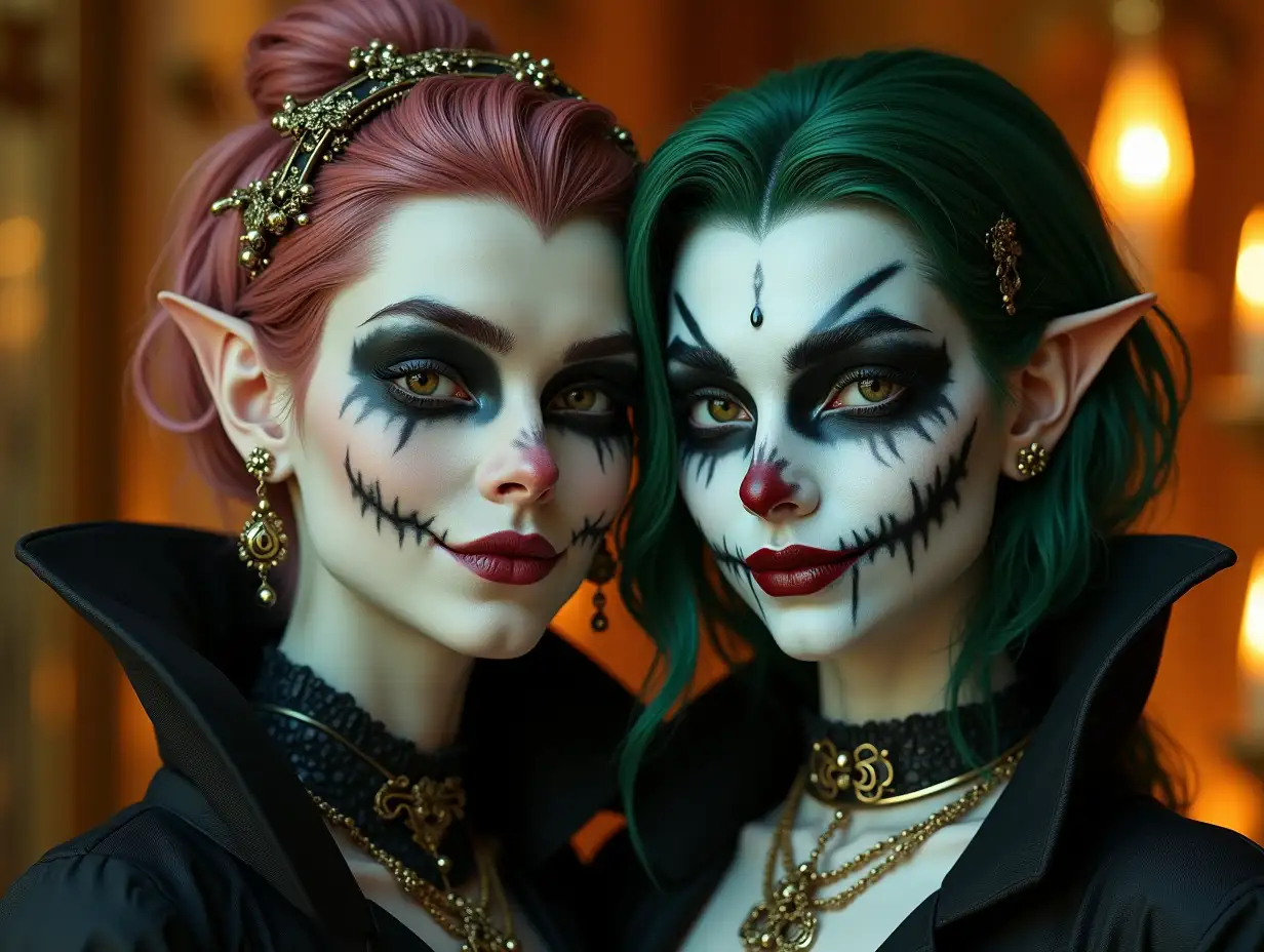 Two young black and white pattern Dracula with alien face, with rose green hair, with a slight smile on her face, highlighting her smile, modern retro jewelry, in a temple much gold various shades 4k