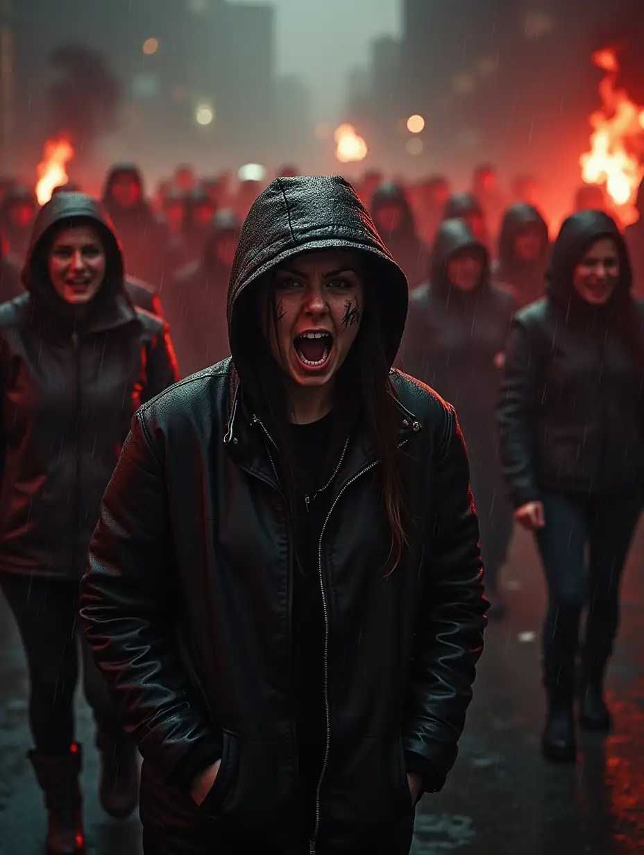 Female rage, stylised, dark, rain, riot, protest, anti-fascist, multiple women