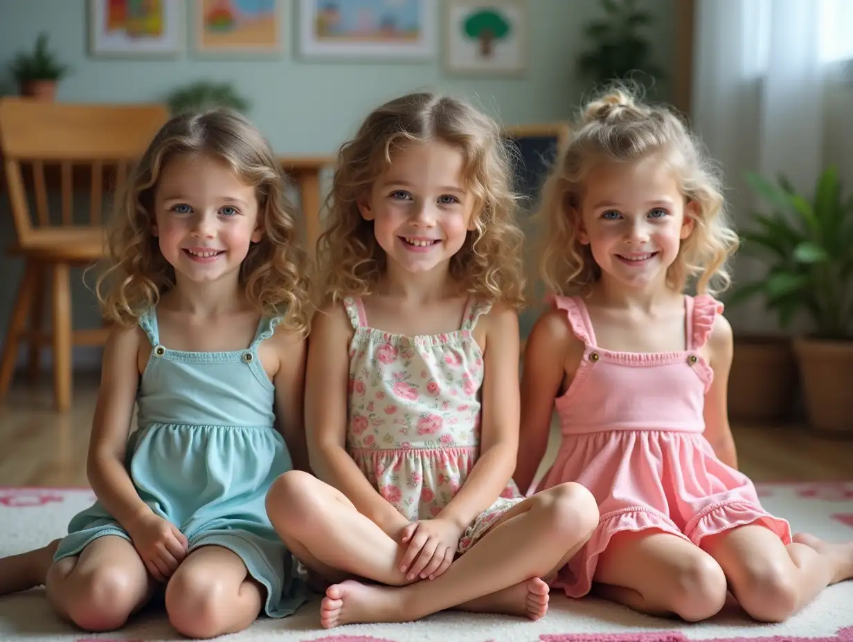 Three-Little-Girls-in-Summer-Dresses-Sitting-on-Classroom-Rug