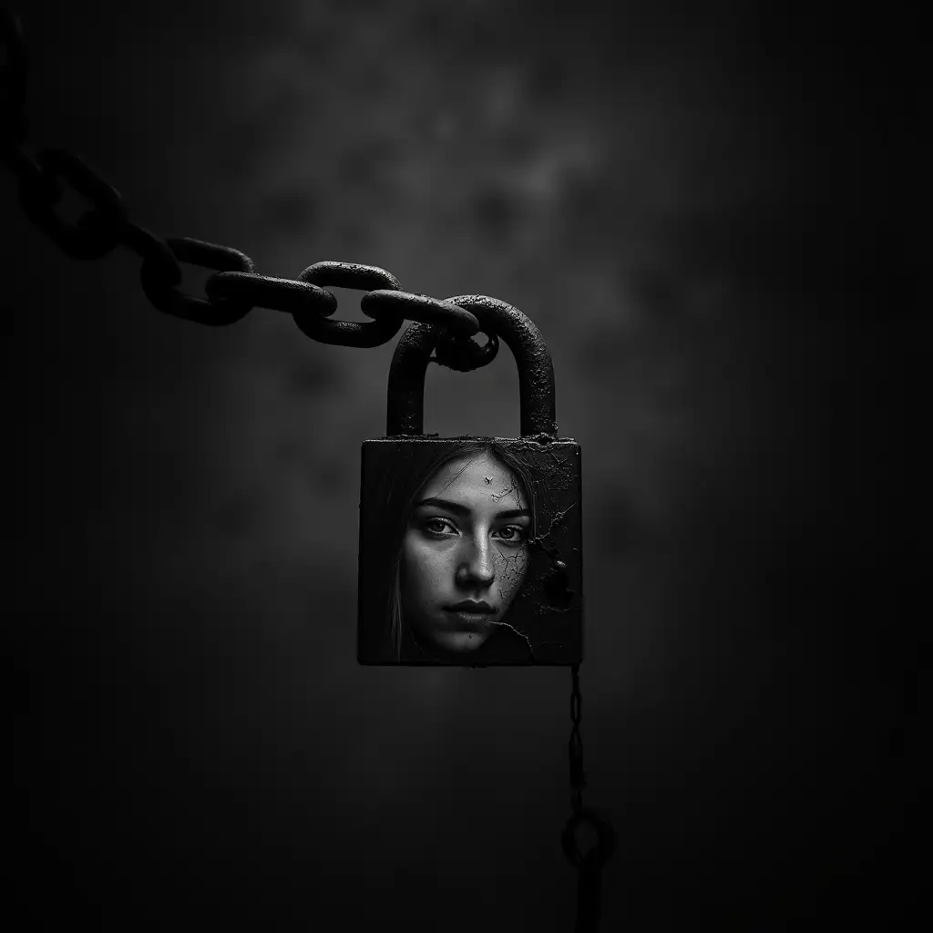 A dimly lit, black-and-white photograph of a broken, rusty lock or chain, symbolizing the shattered trust and freedom of the victims. In the background, a subtle, gradient effect could transition from dark to light, representing hope and resilience. To add a sense of intimacy and emotional connection, a faint, ghostly image of a teenage girl's face or a pair of eyes could be superimposed over the lock or chain. The overall mood of the image should be somber, haunting, and thought-provoking.