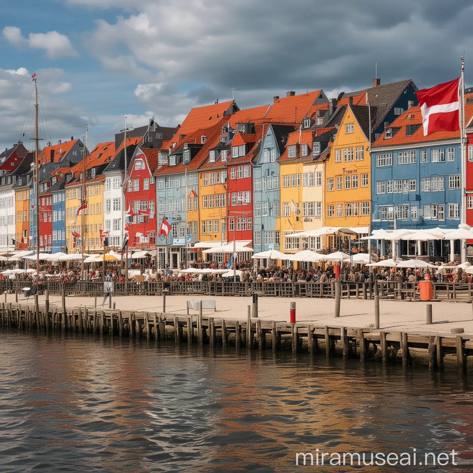 Colorful Waterfront Buildings with Vibrant Danish Flag