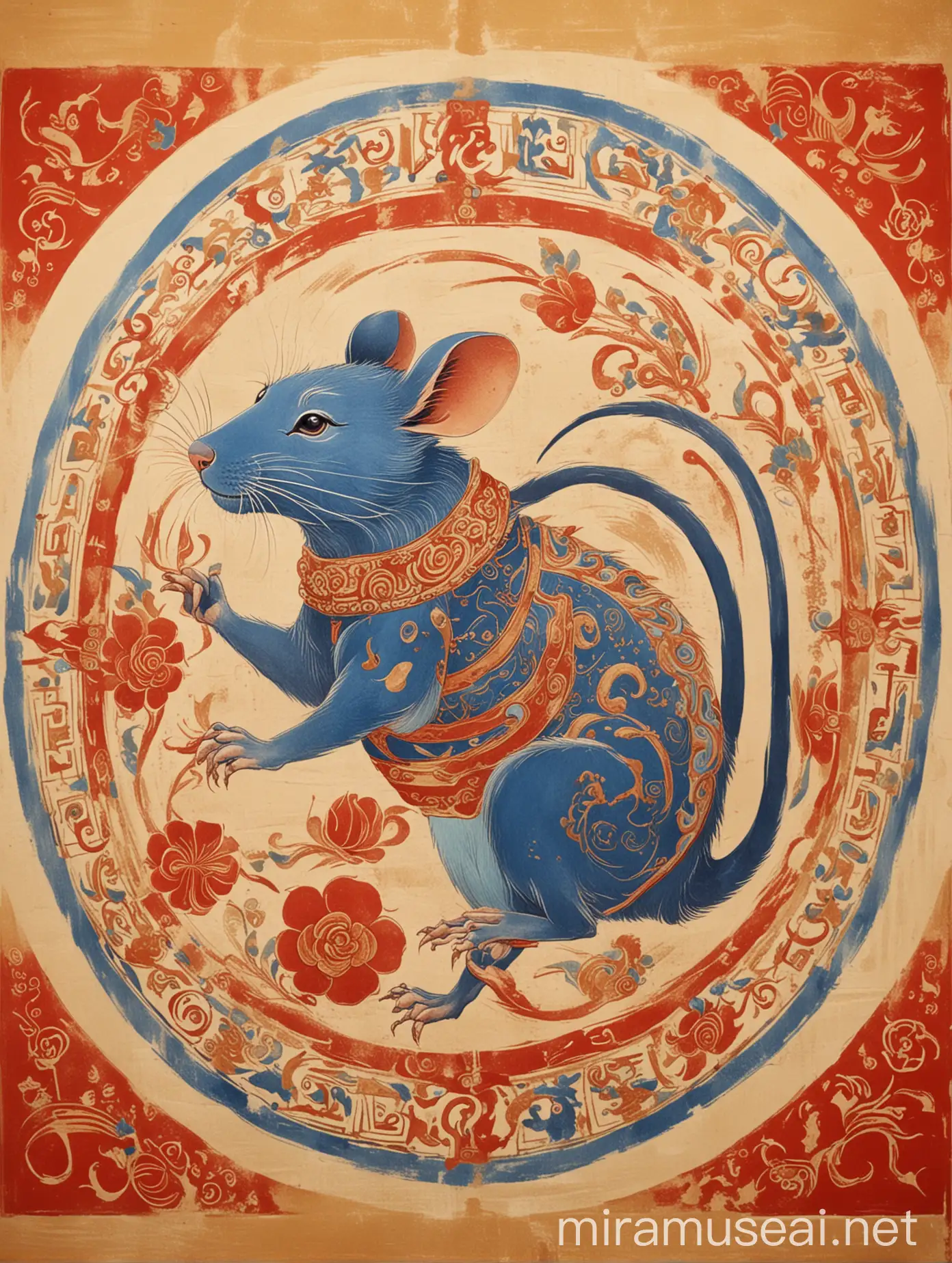 Dunhuang Style Wall Painting of Twelve Zodiac Rat Illustration