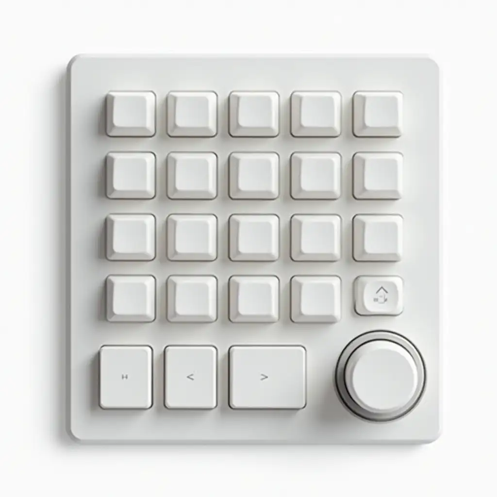 A macro pad design, featuring a prominent volume roll key, a compact display, and 12 distinct button keys, laid out in a clear and simple diagram format. Utilize a minimalist aesthetic with crisp lines and a modern feel, emphasizing functionality and user-friendly design. Crisp edges, neutral color palette, and high clarity, showcasing ease of use and ergonomic design in a sleek presentation. HD quality, ultra-detailed.