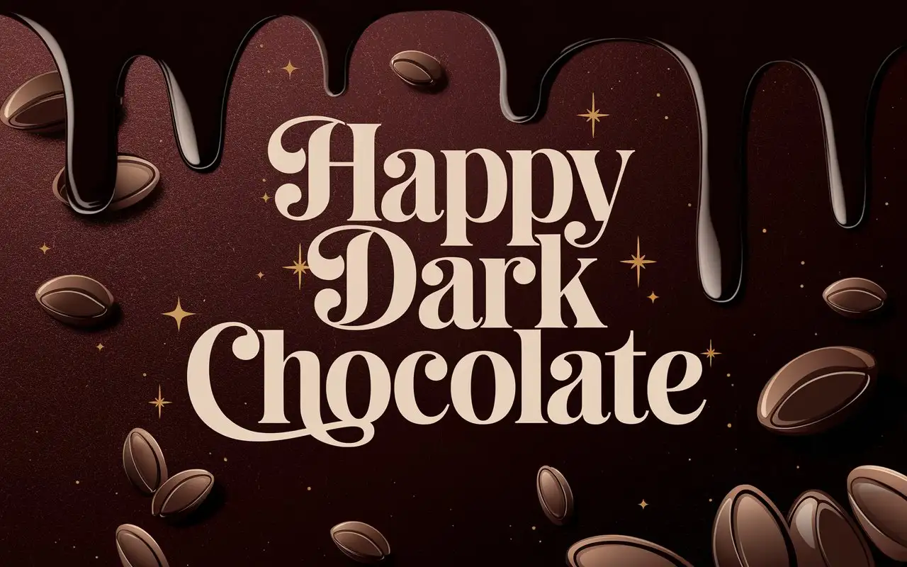 Happy Dark Chocolate text in bold serif font with a creamy beige color, placed on a deep brown textured background with dripping dark chocolate, scattered cocoa beans, and subtle golden highlights for a luxurious and indulgent feel.