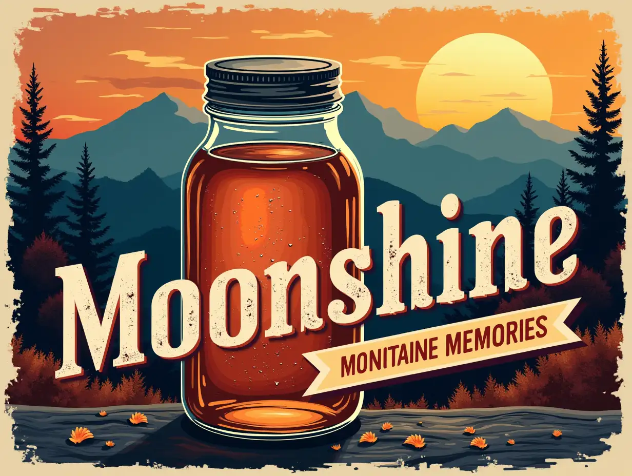 Vector, vintage. A vibrant image of a mason jar filled with moonshine, set against a backdrop of autumnal mountains. The mountains should be ablaze with vibrant fall colors, with a hint of smoke rising from the trees, suggesting the presence of a moonshine still. The text 'MOONSHINE MOUNTAINS MEMORIES' should be written in bold, rustic lettering, overlaid on the image.