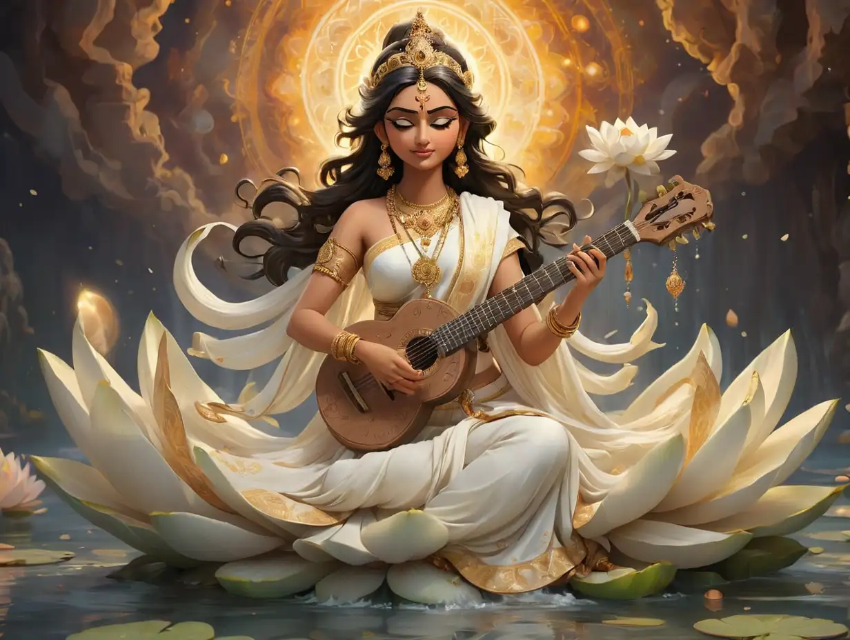 Divine-Goddess-Saraswati-Seated-on-Lotus-with-Cosmic-Energy-and-Sacred-Symbols