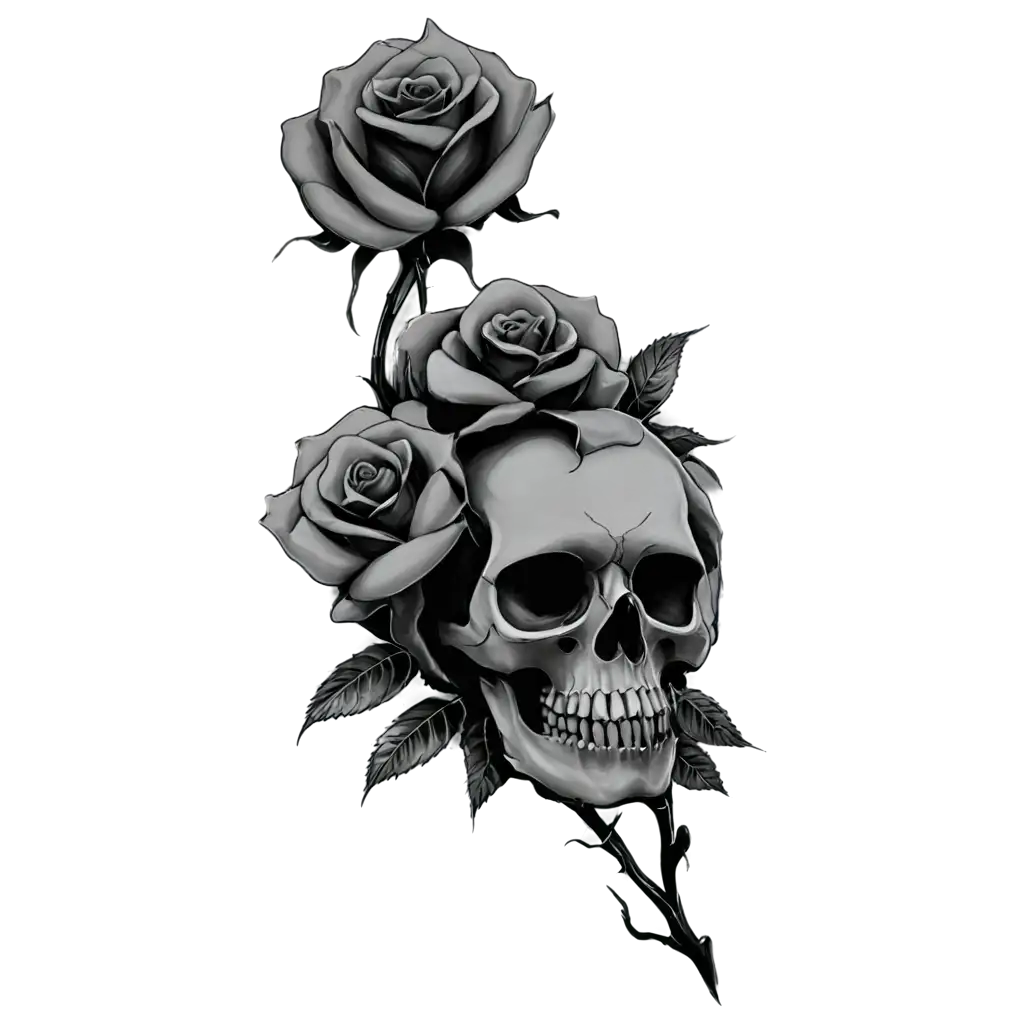 PNG-Tattoo-Black-and-Gray-Smoky-Roses-with-Skull-Artistic-Image-for-Versatile-Online-Use