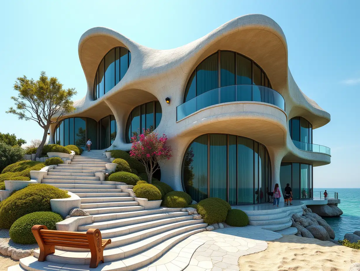 Crooked house with people at the beach  Plant decoration in the form of plant ornaments, large windows with glass closed, curved, smooth window shapes, winding grand entrance stairs made of marble complex, curved roof with dike, lanterns, bench at the beach with view to the sea 4K resolution colorful super wide-angle shots