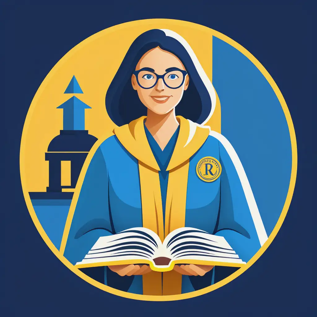 round logo without text in school theme, blue, yellow, book, teacher in robe in the middle of the logo