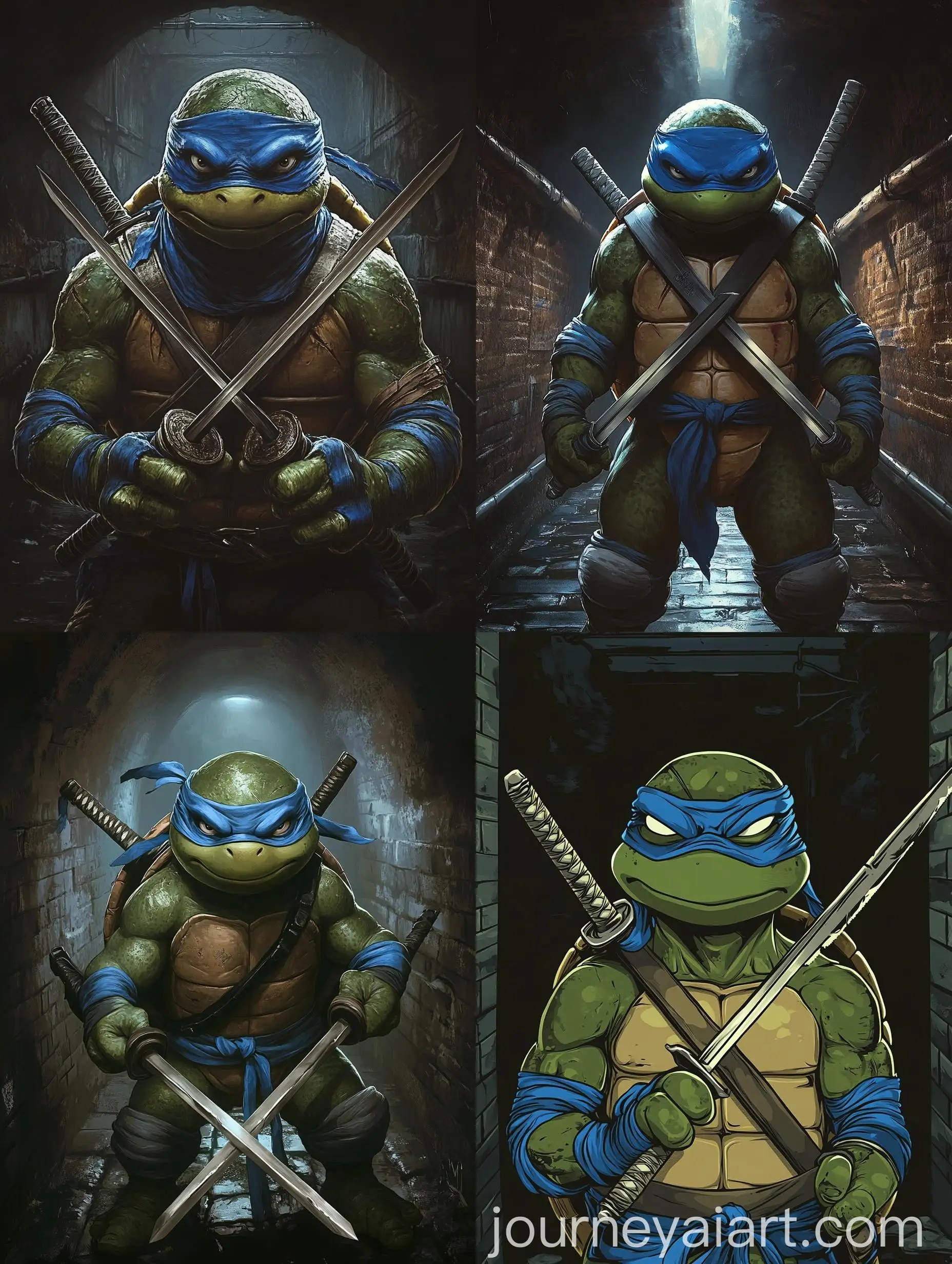 Ninja-Turtle-Leonardo-Holding-Crossed-Katanas-in-Sewer-Setting