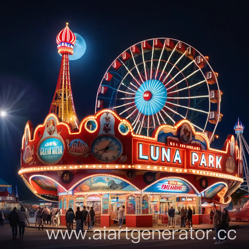 Colorful-Luna-Park-at-Night-with-Illuminated-Rides-and-Joyful-Crowd