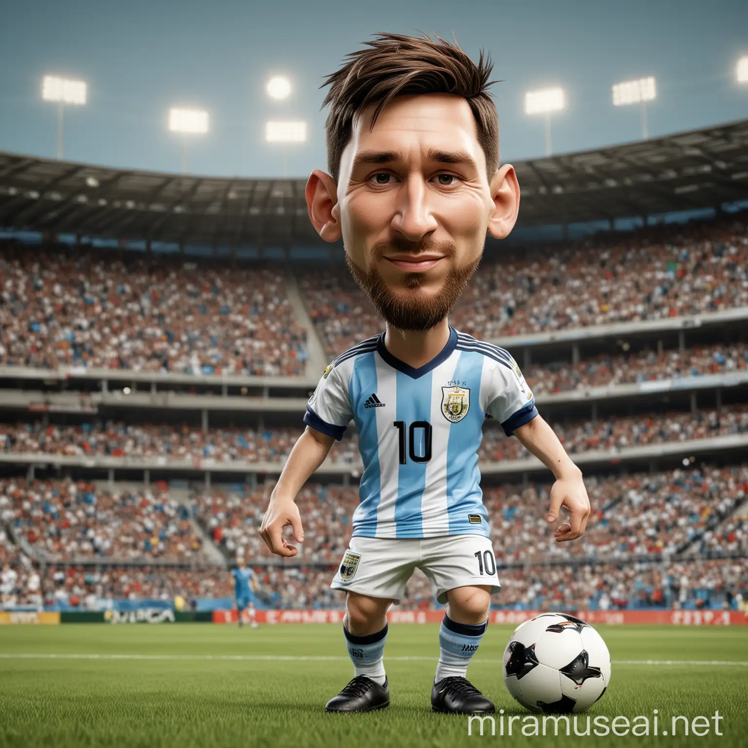 Lionel Messi Caricature Playing Football in Maracana Stadium with Argentina Kit