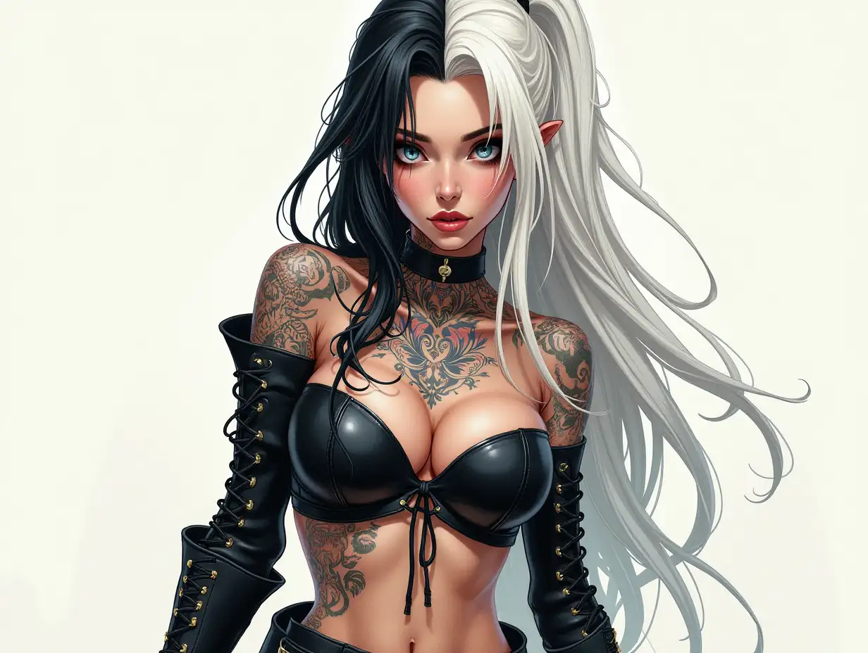 Depiction of a beautiful white woman with tattoos and long mixed white-black hair in a futuristic style and laced boots