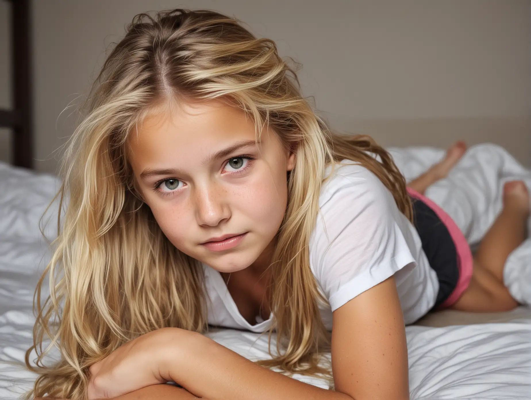 Tired-10YearOld-Girl-with-Blond-Hair-Crawling-on-Bed-After-Sports-Activity