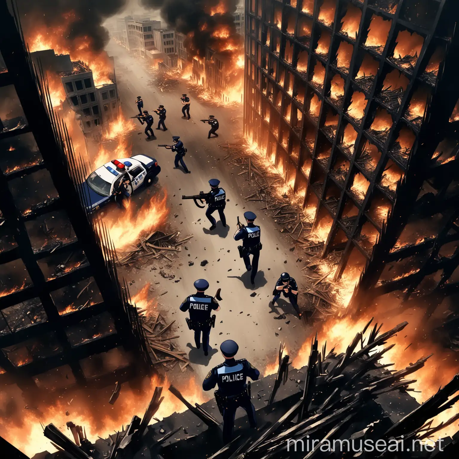 Cinematic Anime Scene of Police Officers Advancing Through a Burning Ruin