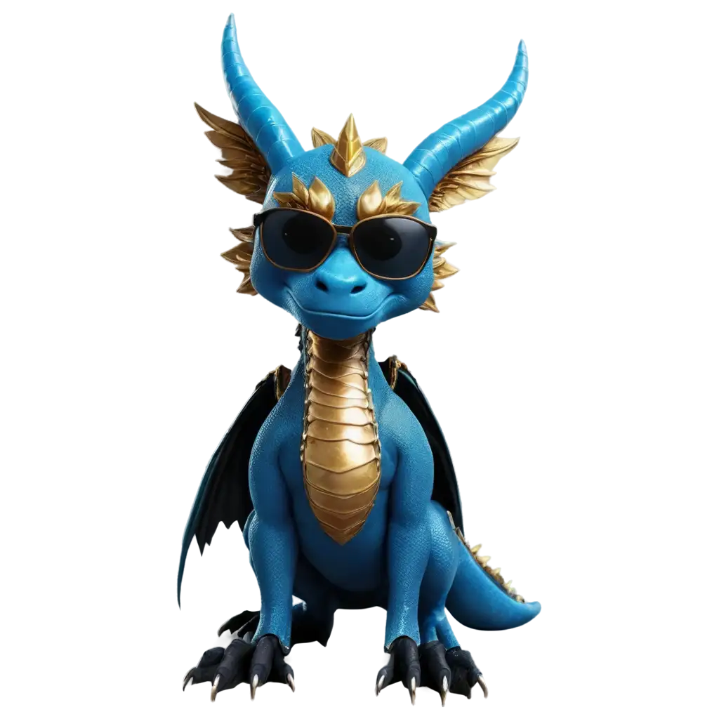 A cute little blue and black golden dragon wearing sunglasses and looking cool and heroic