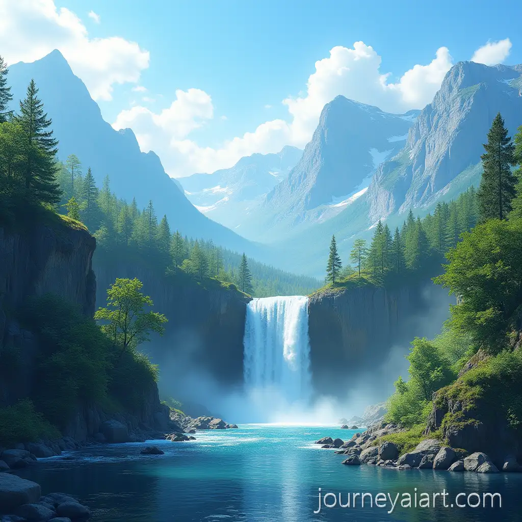 Serene-Mountain-Landscape-withAI-Art-Prompt-Expansion-Waterfall-Under-Sunny-Blue-Sky