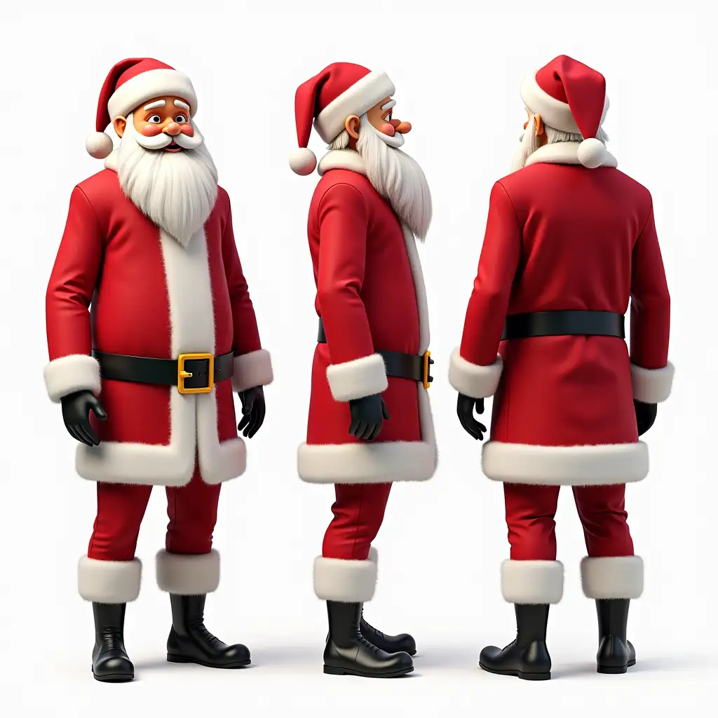 A character sheet of realistic santa claus  entire body in different poses and angles, including front view, side view, and back view