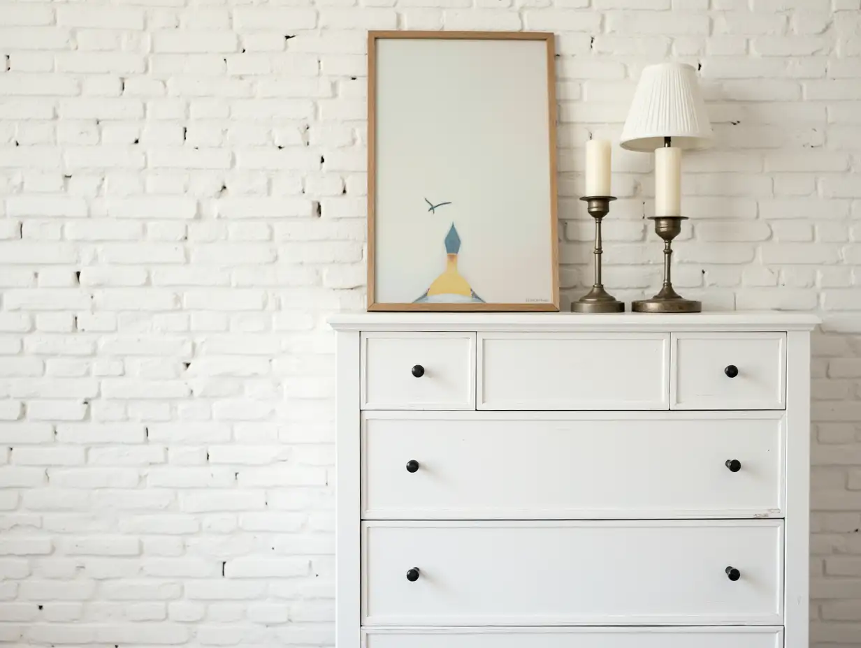 White chest of drawers with lamp, candles and painting near light brick wall in room