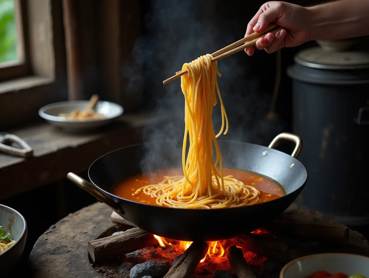 In a rural Chinese kitchen, making noodle soup in a large wok over a fire using firewood, lifting the noodles with chopsticks and transferring them to a bowl, then raising the wok lid.