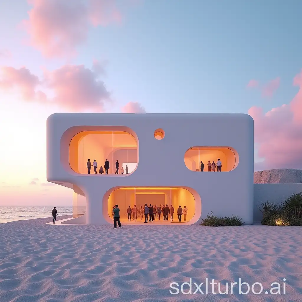 Abstract museum exterior building by the beach, people going inside, straight camera angle, colorful beach vibes, vibrant sunset, 3D render, 4K, Realistic, Hyper realistic