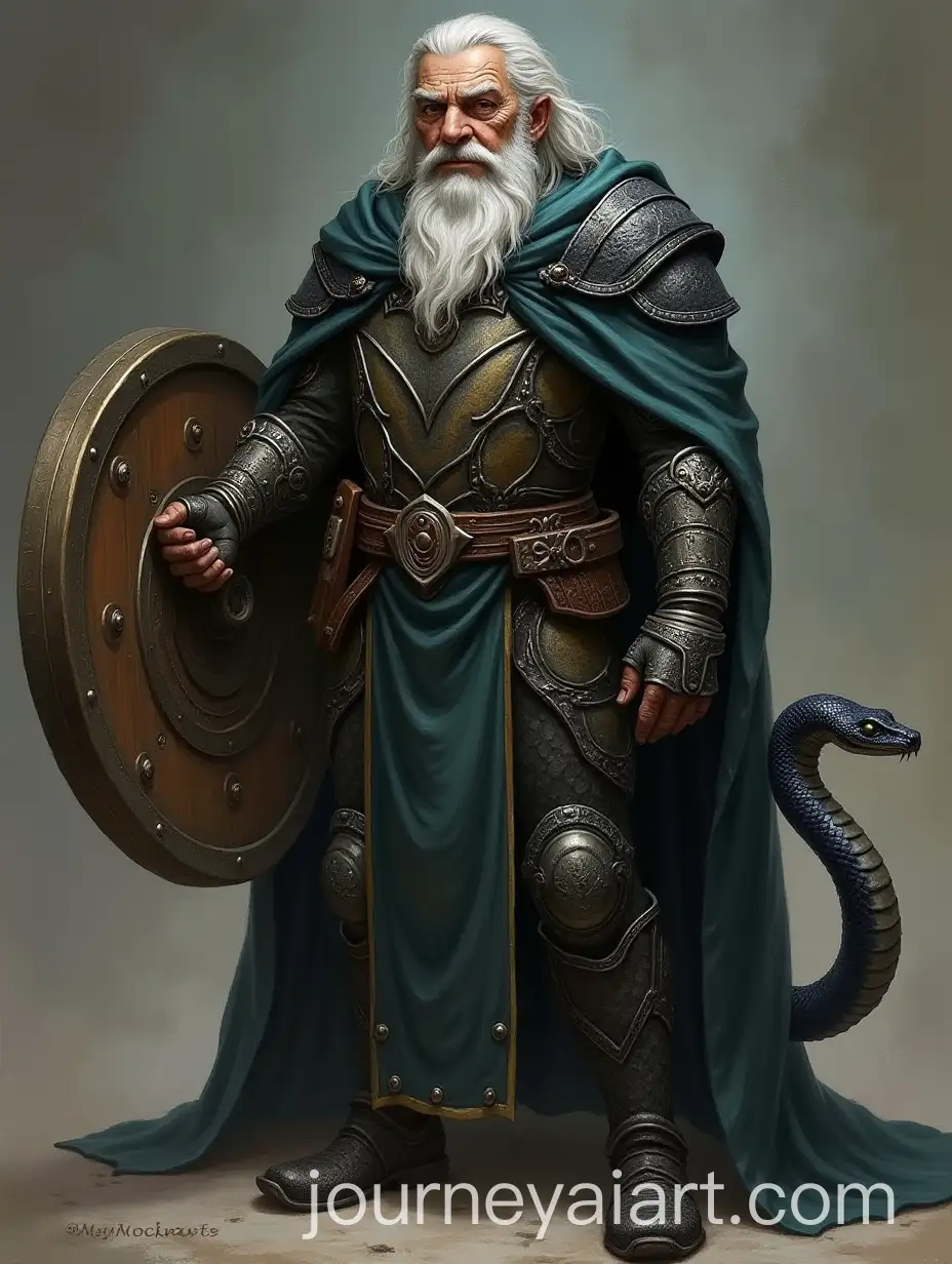 Fantasy-Elderly-Shifter-Priest-in-Black-Scale-Armor-with-Shield