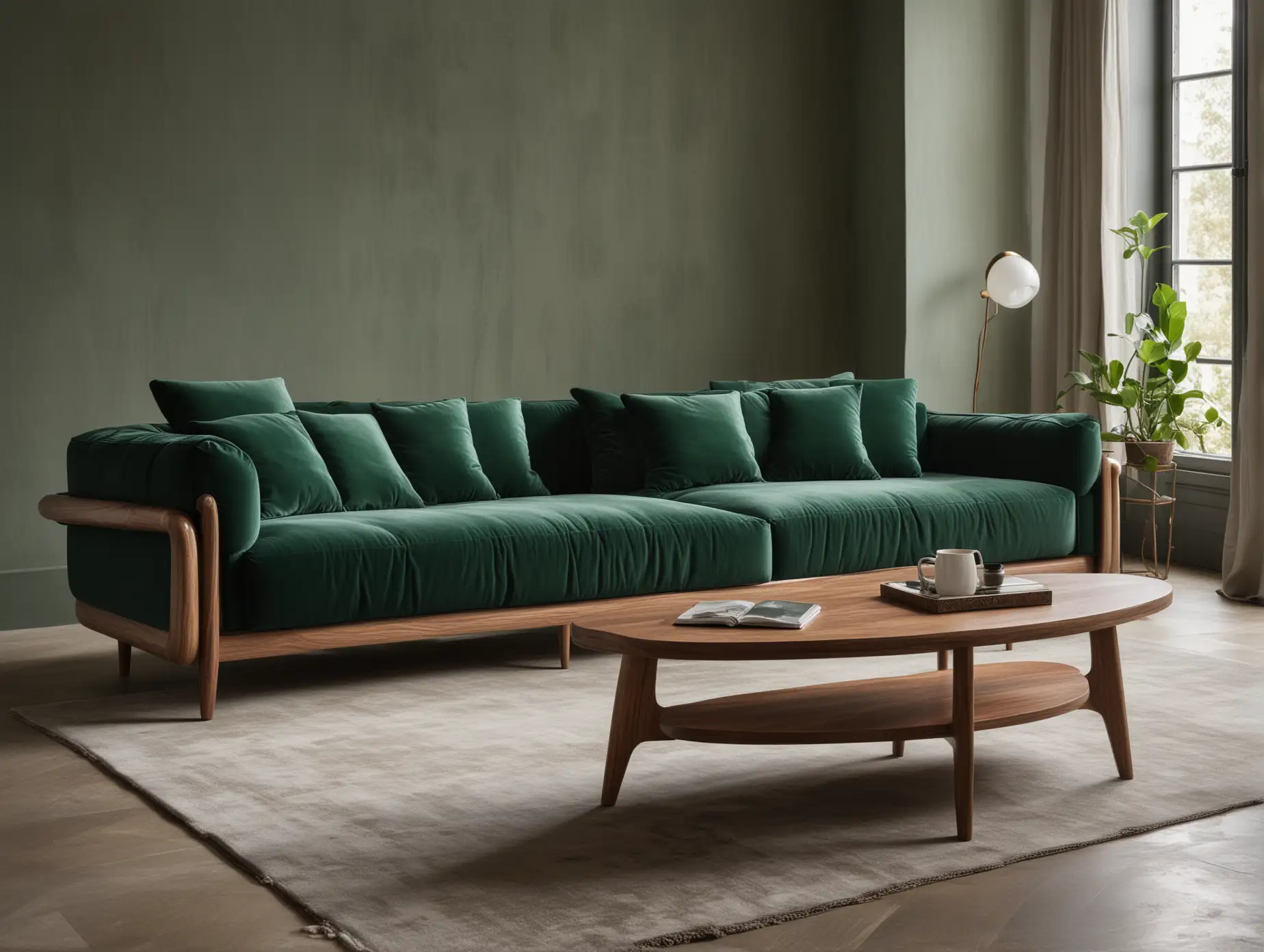 Modern Italian Velvet Sofa with Minimalist Wooden Accents