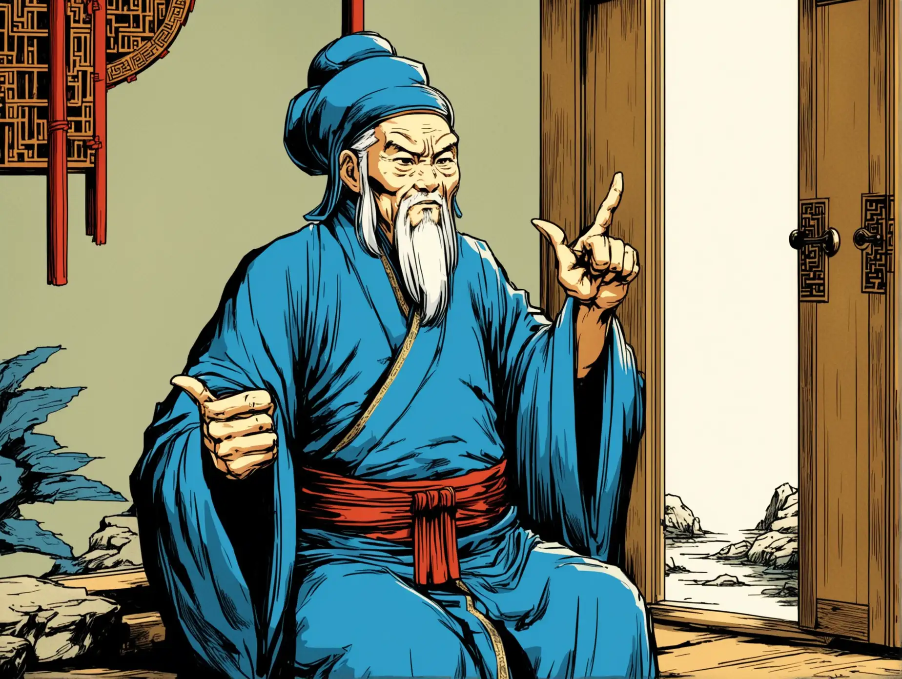 Ancient-Daoist-Master-Pointing-to-Door-in-Comic-Style