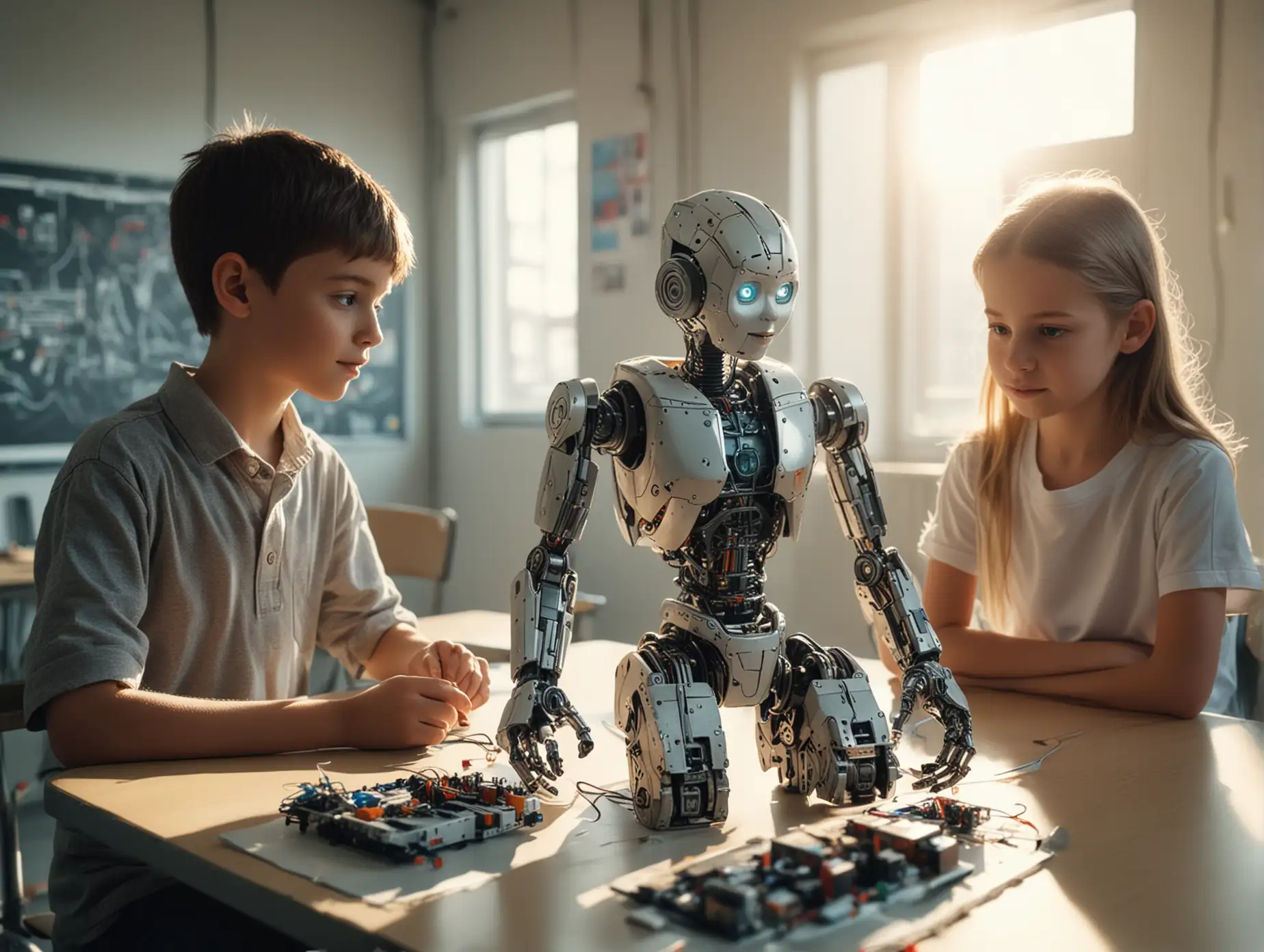 Children-Building-Futuristic-Robot-in-Sunlit-Classroom