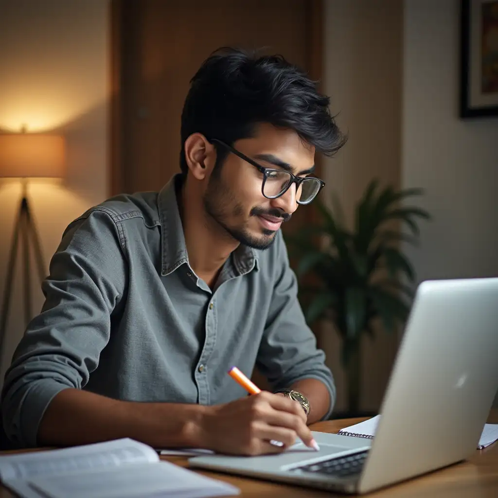 A picture of a man studying confidently for an exam, behind a laptop from a home environment. Make it look like someone from India, but not too obvious.