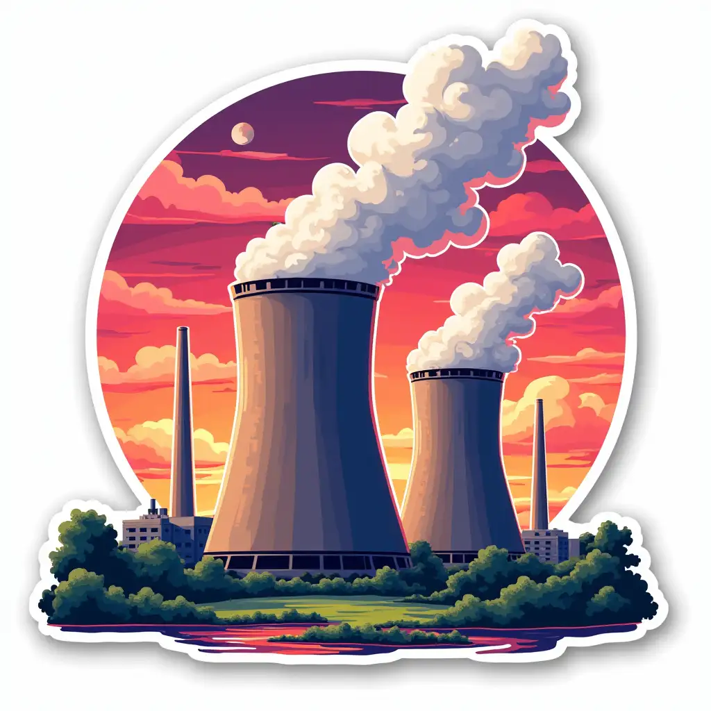 nuclear power plant, vibrant and dynamic die cut sticker design top-view, high resolution, vector art,  white background, paint in anime style