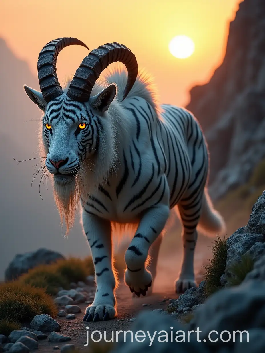 Hybrid-Markhor-Goat-and-White-Tiger-on-Rocky-Mountain-Path-at-Sunset