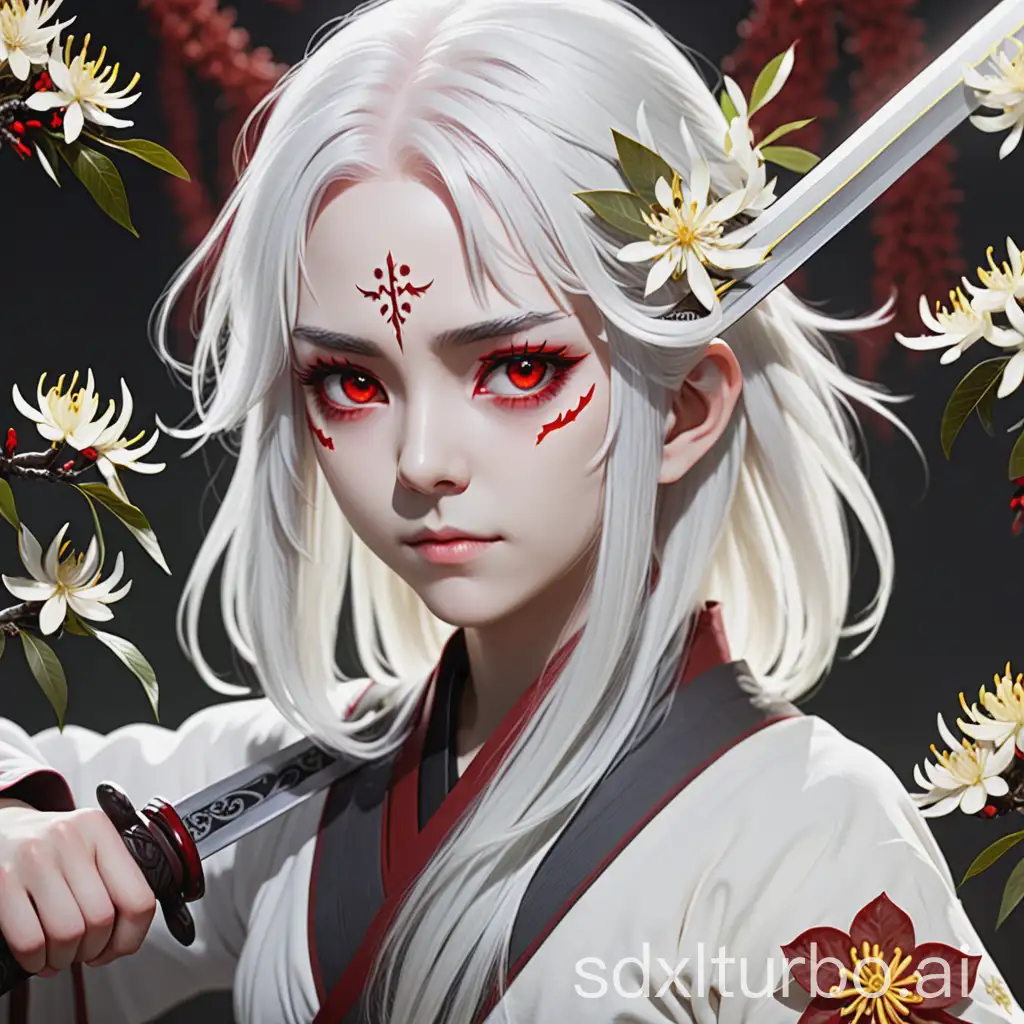 A girl with nearly transparent white hair, holding a long sword, with osmanthus flowers around her, red eyes, and a band on her forehead