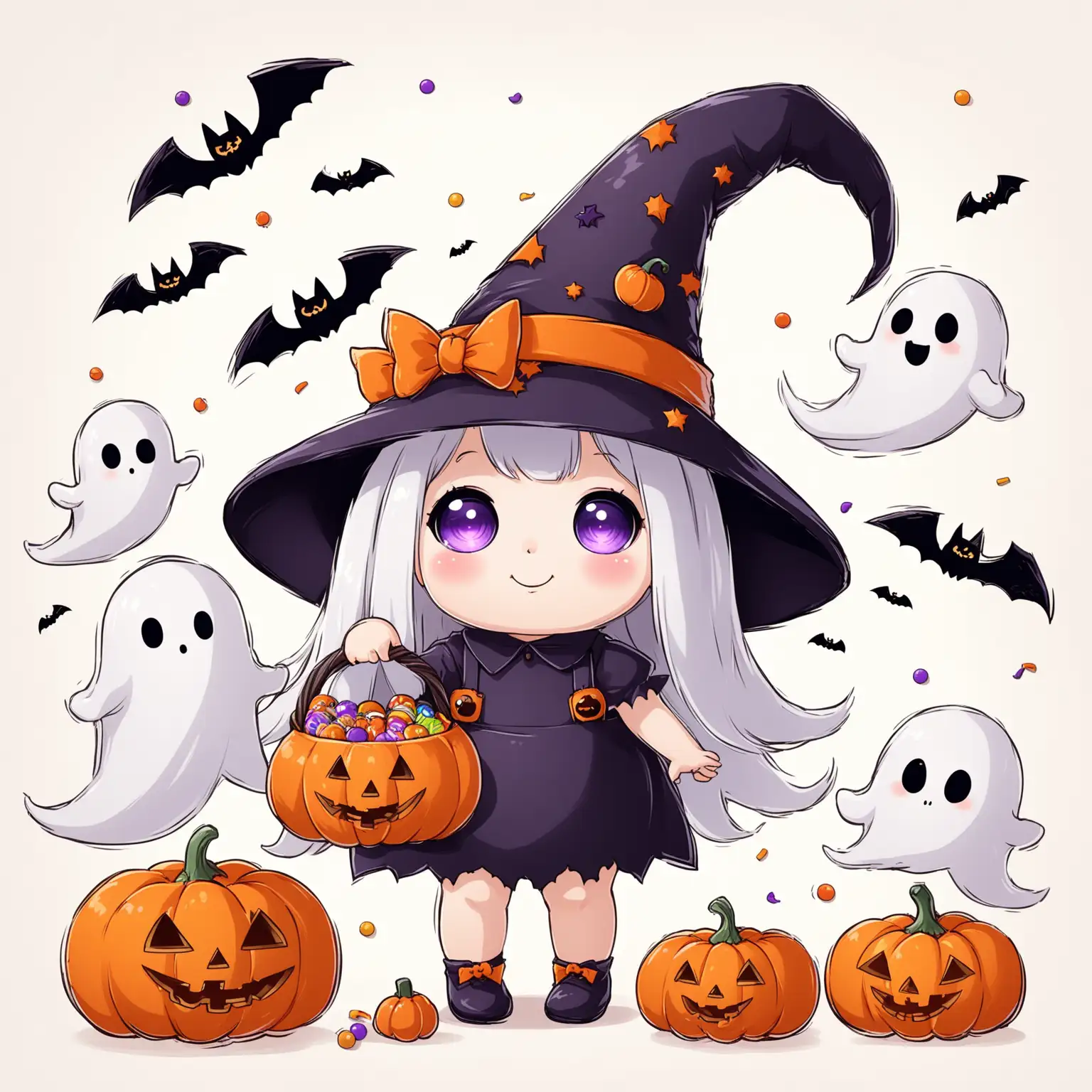 Adorable Chubby Ghost TrickorTreating with Pumpkin Basket